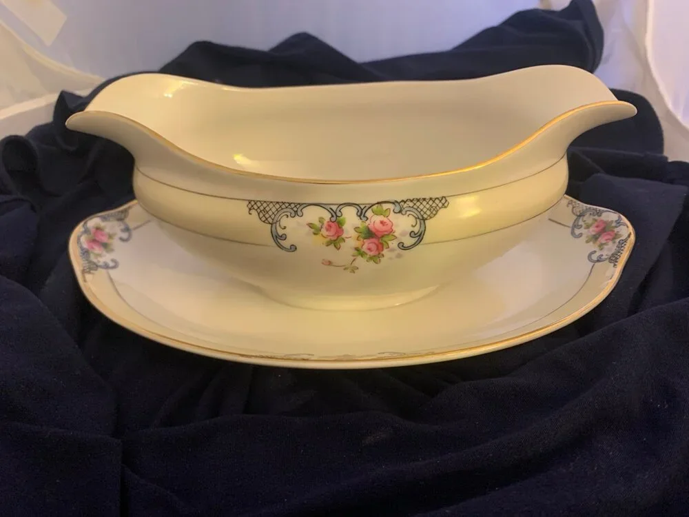 Vintage Japan Japanese China Dinnerware Gravy Boat Floral Flowers Scrollwork